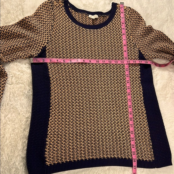 TALBOTS Basketweave Sweater M Petite Open Knit Cotton Navy Camel Neutral Classic - Picture 8 of 17